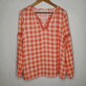 Denim & Co Womens Coral Printed Gingham Blouse Size M Crochet Trim Preppy Beach